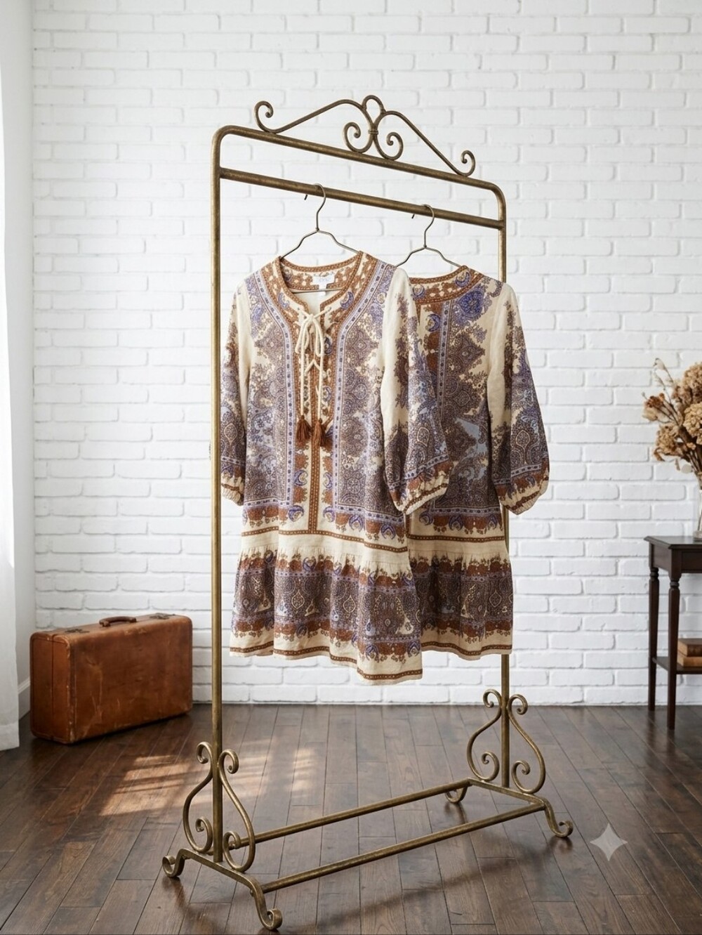House of Harlow 1960 Cream and Brown Paisley Lace-Up Midi Dress